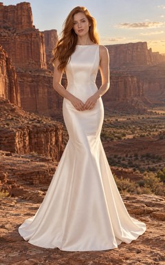 Vestido de novia sencillo de satén elástico sin mangas con escote barco y corte sirena.