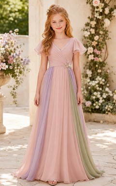 Zartrosa Brautjungfernkleid, A-Linie, V-Ausschnitt, kurze Puffärmel, Schärpe/Band, elegant