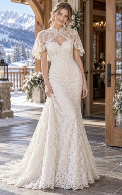 Kurzes, hochgeschlossenes Meerjungfrauen-Hochzeitskleid aus floraler Spitze mit kurzem Cape
