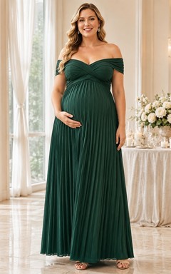 Elegant Dark Green Off-the-shoulder Short Sleeve Floor-length Jersey Empire Maternity Dress