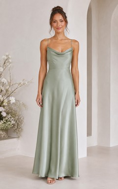 Sage Cowl Neck Satin A-Line Bridesmaid Dress