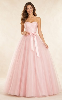 Blush Simple Affordable Strapless Sweetheart Tulle Satin Sash Quinceanera A-Line Formal Gown