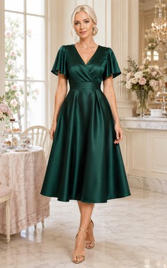 Emerald Parlour Dark Green A-Line Tea-Length V-Neck Short-Sleeve Satin Elegant Guest Dress