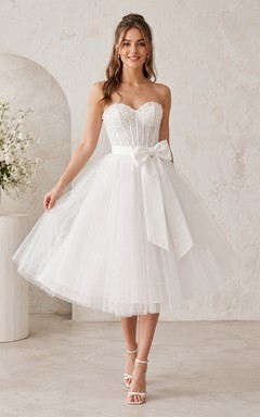 Strapless Bow Tulle A-Line Tea-Length Wedding Party Dress