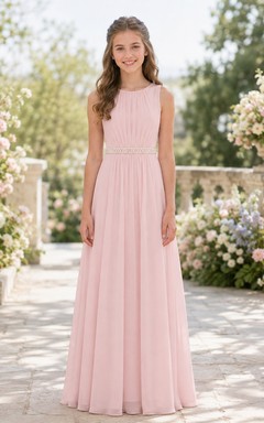 Vestido de dama de honor juvenil rosa ruborizado, corte en A, sin mangas, de gasa con detalles de cuentas en la cintura, elegante.