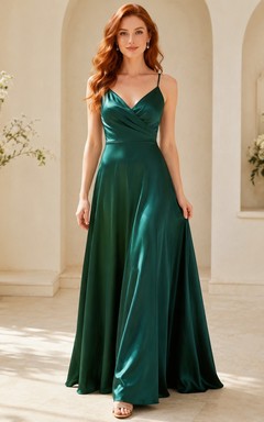 Smaragdgrünes Abendkleid aus Satin mit Wasserfallausschnitt, Spaghettiträgern und A-Linien-Schnitt, bodenlang