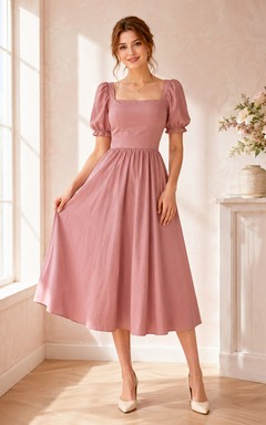 Vestido de cóctel vintage de satén color rosa empolvado con escote cuadrado y mangas abullonadas, corte en A y largo hasta la rodilla.
