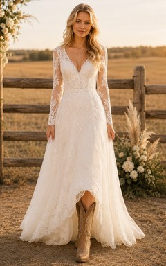 Western Rustic Lace A-Line Long Sleeve Wedding Dress With Boots