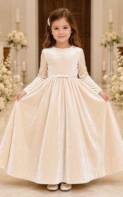 Blumenmädchenkleid aus elfenbeinfarbenem Tüll, A-Linie, Rundhalsausschnitt, Teelänge, mit Schärpendetails