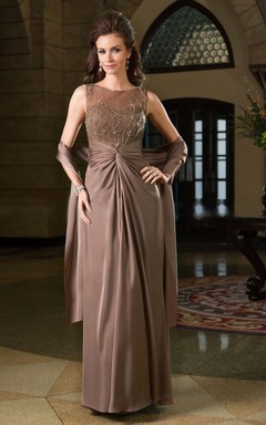 Sleeveless Bateau-Neck Gown With Matching Shawl And Beadings