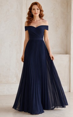 Dark Navy Off Shoulder Pleated Chiffon Formal Dress