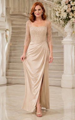 Champagne Square Neck Lace Sleeve Ruched Mermaid Sweep Train Elegant Gown