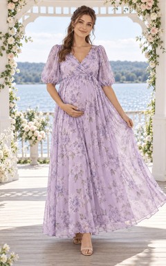 Vestido de maternidad de gasa estampada con estampado floral lavanda, mangas abullonadas, escote en V y largo hasta los tobillos con fajín, ideal para invitadas.