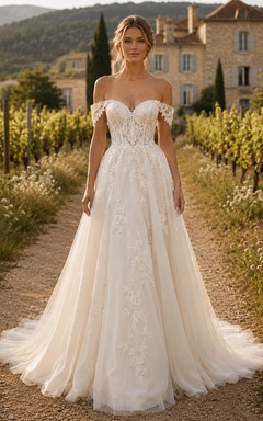 Vestido de novia de encaje campestre, corte en A, hombros descubiertos, cola larga, espalda baja en V.