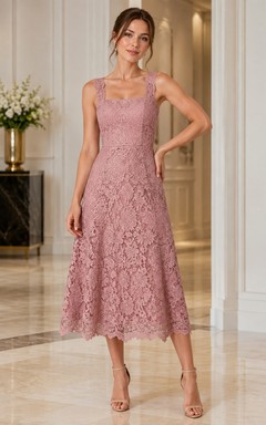 Mauve Lace Straps A-Line Tea-length Elegant Bridesmaid Dress