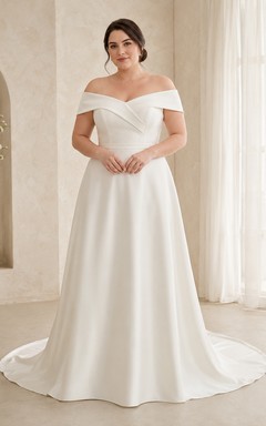 Satin Wedding Dress A-Line Off Shoulder Short Sleeve Chapel Train Bridal Gown