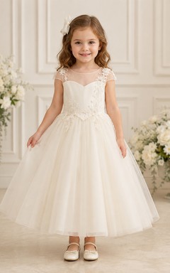 Romantic Sweetheart Lace Tulle Flower Girl Tea-Length Cap Sleeve Bow Dress