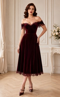 Vestido vintage de terciopelo burdeos, manga corta, escote Bardot y largo hasta la rodilla.