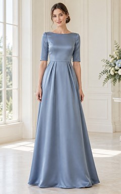 Vestido largo de dama de honor de satén plisado de manga corta con escote barco en azul acero discreto