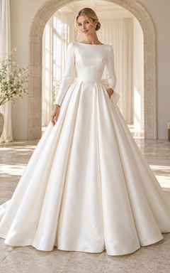 Robe de mariée simple et modeste à manches longues et nœud bateau en satin, style bal, robe de bal.