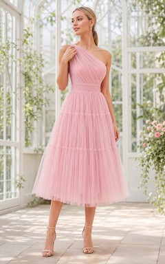 Pink Tulle One-Shoulder Sleeveless Romantic Tea-Length Party Dress