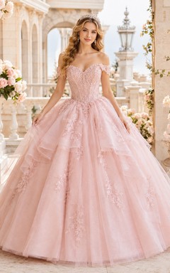 Pink Tulle Applique Off Shoulder Ball Gown Sweetheart Floor Length Quinceanera Dress