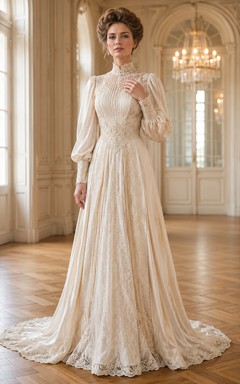 Robe de mariée édouardienne à col montant, manches bouffantes en dentelle, coupe trapèze et traîne chapelle