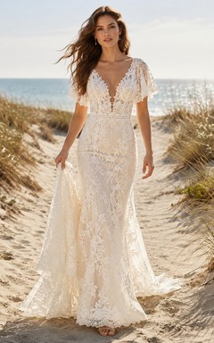 Beach Plunging V Neck Flutter Sleeve Lace Sheath Illusion Back Wedding Dress