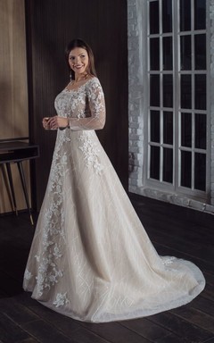 Champagnerfarbenes, langärmeliges Brautkleid in A-Linie mit Illusion-Spitzenapplikationen in Übergröße