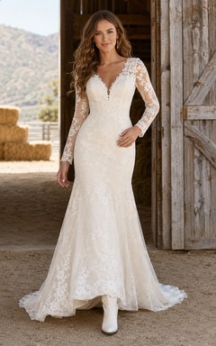 Western V-Neck Long Sleeve Floral Lace Mermaid Chapel Train Wedding Dress
