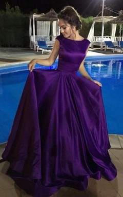 A-Line Satin Bateau Sleeveless Zipper Low-V Back Dress