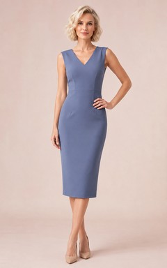Slate Blue Sleeveless V Neck Fitted Pencil Midi Dress