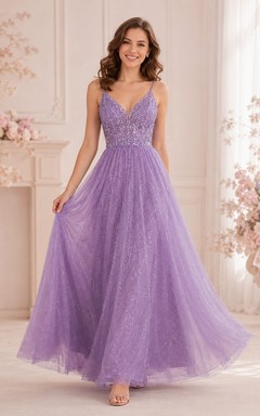 Lavender Evening Dress A-Line Sparkling Tulle V-Neck Spaghetti Strap Sweep Train Romantic Gown