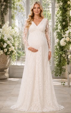 Robe de mariée romantique de maternité à col en V, manches illusion longues, en dentelle, style empire