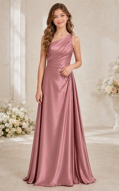 Vestido de dama de honor juvenil color rosa empolvado, corte en A, un solo hombro, sin mangas, charmeuse elegante