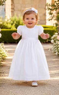 Simple Baby Baptism Christening Ceremony Dress A-Line Tea-Length Jewel Neck Short Sleeve Tulle Bow Back Button Back