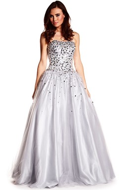 A-Line Sleeveless Floor-Length Sequined Sweetheart Tulle Prom Dress