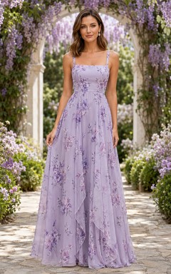 Lavender Floral Garden A-Line Chiffon Bridesmaid Dress with Sleeveless Square Neck Straps Bodice, Floral Embroidered Floor-Length Skirt and Strappy Zipper Back