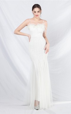 Craft Ostrich Feather Mesh Sequined Long Evening Dress