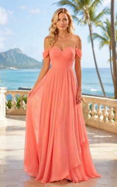 Korallenfarbenes, schulterfreies, plissiertes Chiffon-Abendkleid mit kurzen Ärmeln und A-Linien-Schnitt