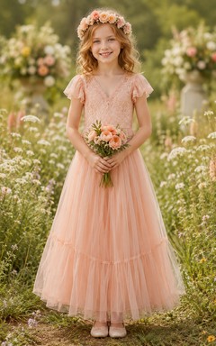 Blumenmädchenkleid aus korallenfarbenem Tüll, A-Linie, Rundhalsausschnitt, Teelänge