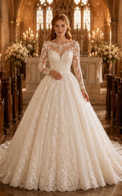 Romantic Long Sleeve Lace Ball Gown Chapel Bridal Dress