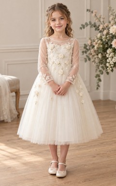 Modest Long Sleeve Tea-length Ivory Floral Applique Illusion Tulle Flower Girl Dress