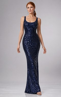 Dark Navy Scoop Sequin Lace-Up Mermaid Gown