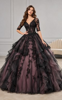 Vintage Mauve Black V Neck Half Sleeve Layered Lace Quinceanera Princess Ball Gown