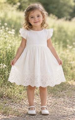 Modest Ivory Knee Length Plain Flutter Sleeve Deep Eyelet Full Flower Girl Dress