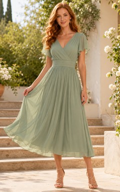 Vestido informal de gasa color celadón hasta la rodilla con escote en V y mangas con volantes para invitada de boda.