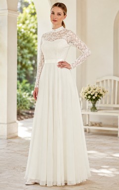 High Neck Long Sleeve Illusion Lace Floor-length A-line Modest Wedding Elegant Dress