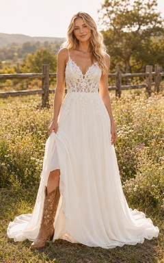 Robe de mariée de maternité, col carré, manches bouffantes, dentelle, coupe trapèze, traîne style jardin