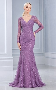 Mauve Long Sleeve V-Neck Lace Mermaid Sweep Train Modest Formal Prom Gown